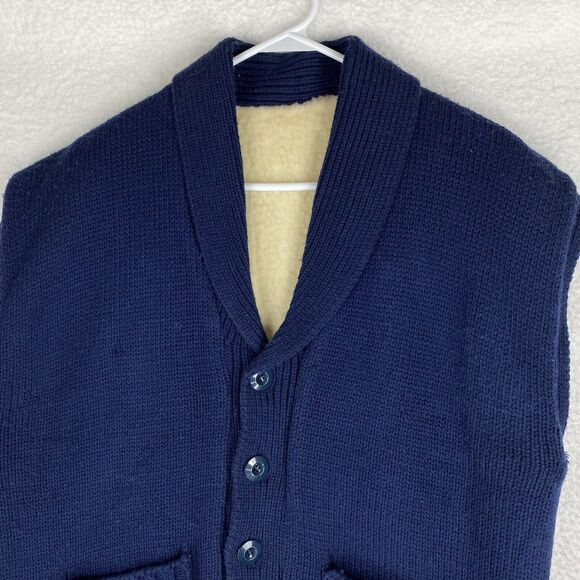 Vtg Campus Sweater Vest Mens Sz L Blue Cardigan Virgin Acrylic Reversible Sherpa - Picture 5 of 16